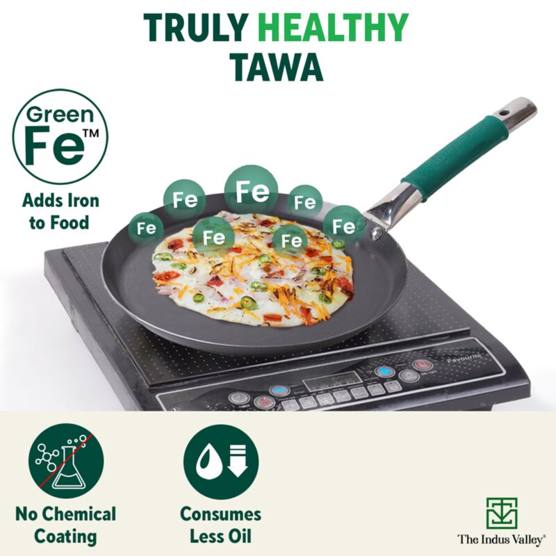 The Indus Valley Pure Iron Flat Tawa With Silicone Grip | 26Cm/10.2 Inch, 1Kg | Induction Friendly | 100% Pure & Toxin-Free, No Chemical Coating,Multicolor - Image 6