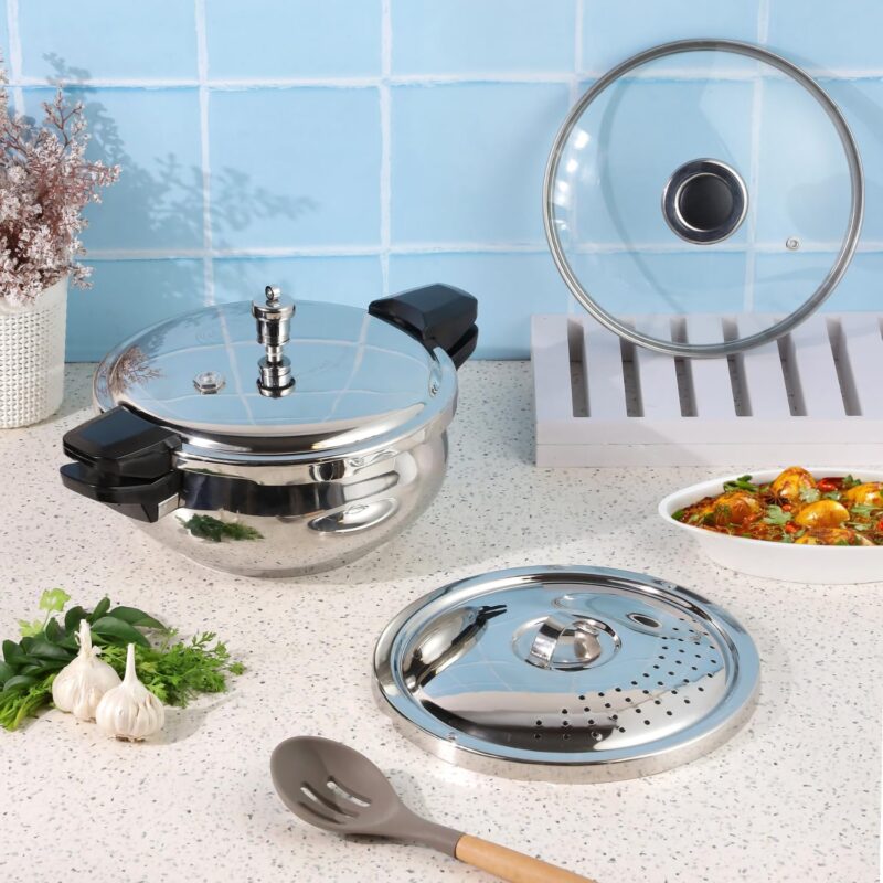 Vinod Magic Stainless Steel Smart 3 in 1 Pressure Cooker 3.5 Litre | 5mm Thick Base | All in One Cooker with Strainer & Glass Lid | Induction and Gas Base | ISI certified | 2 Years Warranty - Image 9