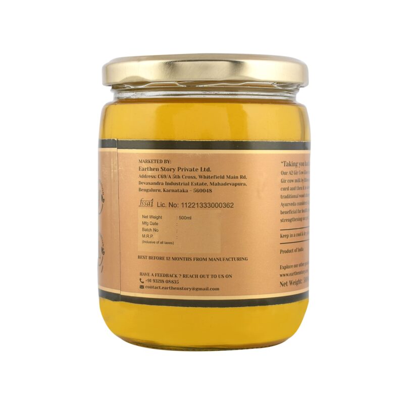 Earthen Story A2 Ghee from Gir Cow 500ml | A2 cow ghee bilona method from curd | 100% Pure, Natural & Healthy | A2 gir cow ghee in Glass Jar | Lab Tested - Image 2