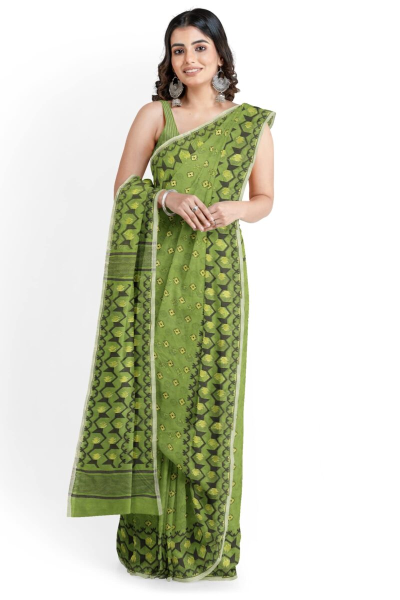Saree Niketan Women's Traditional Bengal Cotton Silk Dhakai Jamdani Saree. (Green) - Image 6