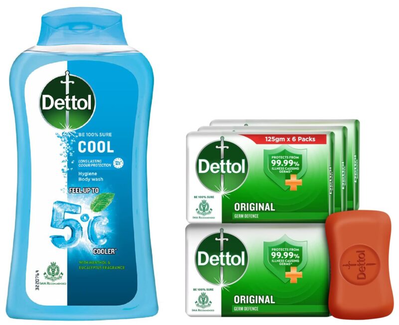 Dettol Body Wash and Shower Gel for Women and Men & Dettol Original Germ Protection Bathing Soap Bar (Pack of 6-125g each)