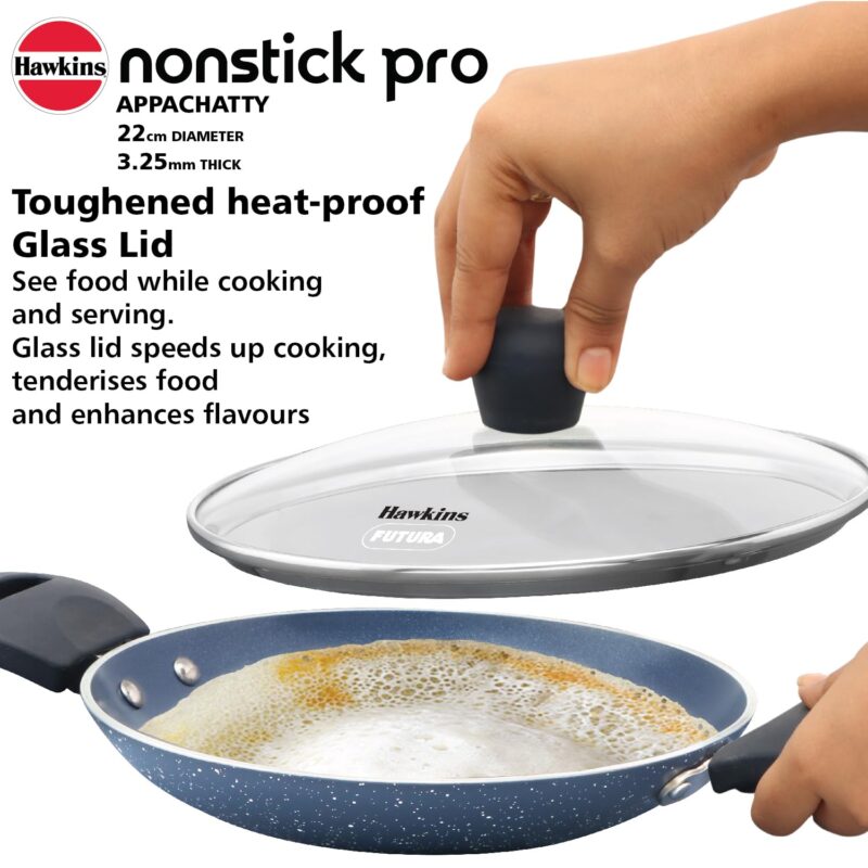 Hawkins Nonstick Pro 0.9 Litre Appachatty, Mini Kadhai, Appachatti, Appachetty, Appam Pot Maker, Deep Fry Pan with Glass Lid, Granite Kadai - Image 8