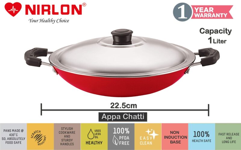 Nirlon Non Stick Aluminium Gas Compatible Appa Chatti/Appam Pan/kallu with Steel Lid 22.5cm - 1 LTR[New_26mm_Classic_AC] - Image 4