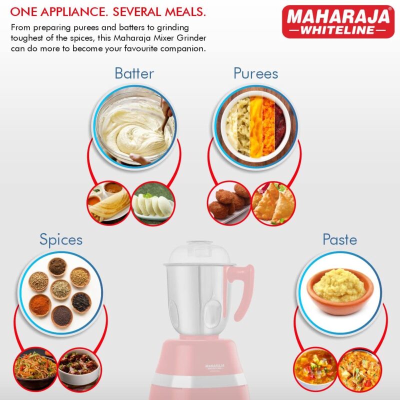 Maharaja Whiteline Ultramax Elite Mixer Grinder with 4 Jars, Long Lasting Performance with 800 Watt Motor | Vacuum Feet | Overload Heat Protector | 5 Year Motor Warranty (Red) Plastic - Image 4