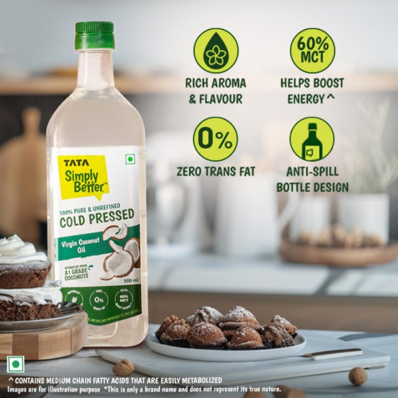 Tata Simply Better Pure & Unrefined Cold Pressed Virgin Coconut Oil, Naturally Cholesterol Free, 500ml, Rich Aroma & Flavour of Real Coconuts, For Daily Cooking with Multipurpose Usage,A1 Grade Coconuts - Image 7
