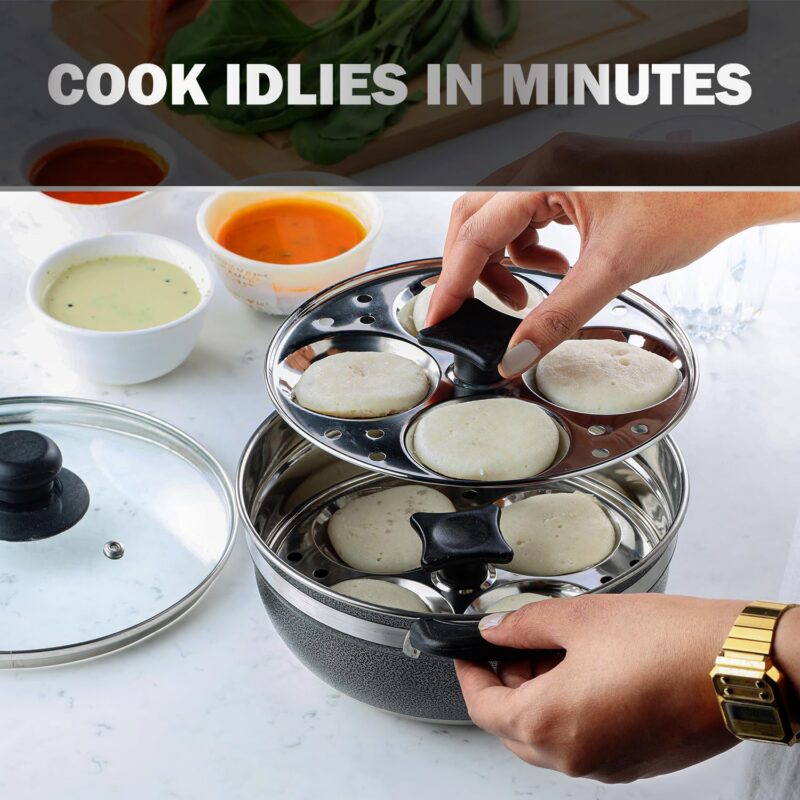 Cello Magna Stainless Steel Multi Kadai Idli cooker with Glass Lid & 2 Idli Plates | Multi-purpose use | Perfect for Frying, Sautéing, Roasting, Preparing sabjis | Dishwasher Safe - Image 4
