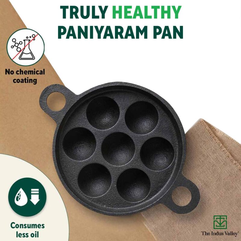The Indus Valley Super Smooth Cast Iron Paniyaram Pan | 7Pit, 19Cm/7.4 Inch, 2.2Kg | Induction Friendly | Nonstick, Pre-Seasoned Appe/Paddu Pan, 100% Pure & Toxin-Free, No Chemical Coating - Black - Image 8