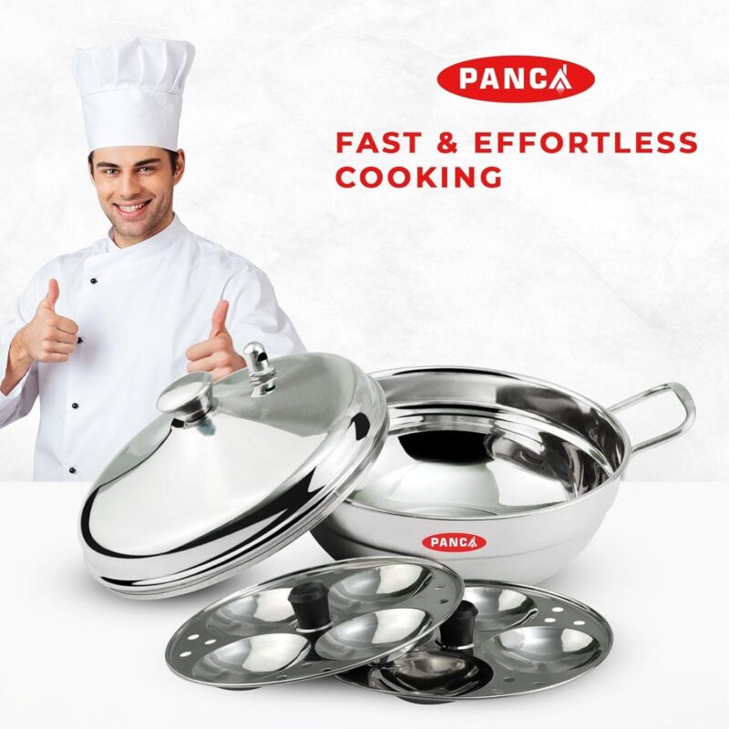 PANCA Stainless Steel Multi Purpose Kadai with Steel Lid, Idli Maker 2 Idli Plate 8 Cavity Idli Cooker Stainless Steel Idly Pot with Steamer - Image 7