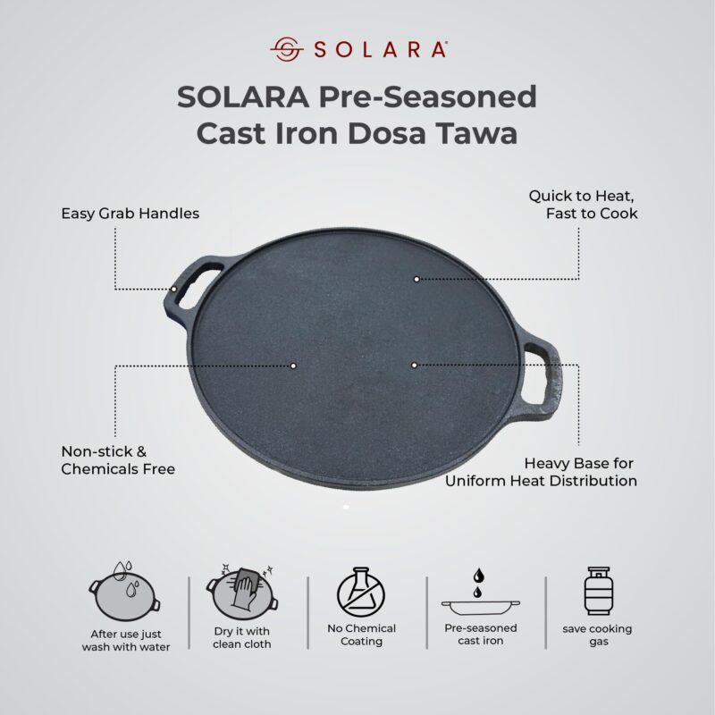 SOLARA Cast Iron Tawa for Dosa 12" Inch(30 CM), Tawa for Dosa, Uthappam, Roti, Chapati, Naan, Gas & Induction Friendly, Dosa Tawa Cast Iron, Cast Iron Cookware - Image 9