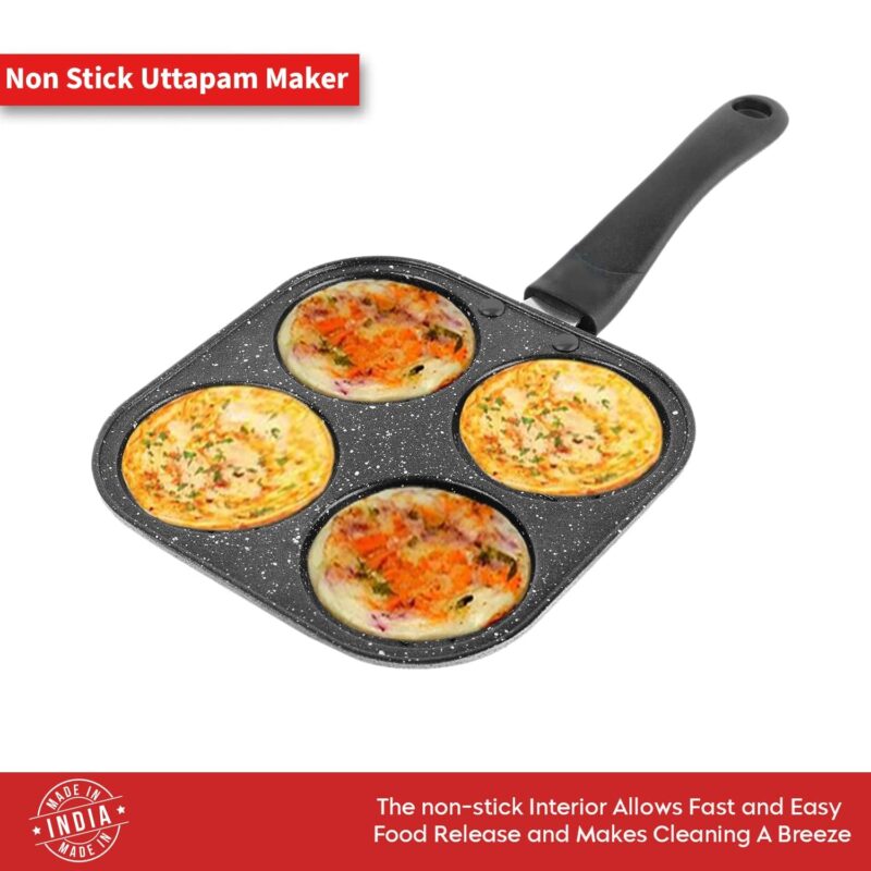 PANCA Non-Stick Grill Pan Mini Pan Uttapam Tawa Aluminum Multi Snack Maker 4 Cavity, Pancake Maker (Black, Pack of 1) - Image 6