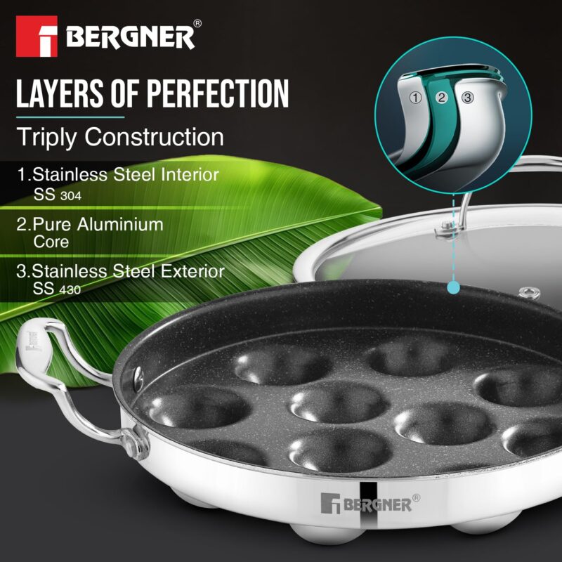 BERGNER Argent Samsara Triply Stainless Steel 11 Pits (25cm) Round Paniyarakkal with Glass Lid, Paniyaram with Quantanium Non-Stick Coating, Consumes Less Oil, Healthy Cooking - Induction Compatible - Image 6