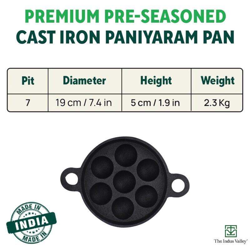 The Indus Valley Super Smooth Cast Iron Paniyaram Pan | 7Pit, 19Cm/7.4 Inch, 2.2Kg | Induction Friendly | Nonstick, Pre-Seasoned Appe/Paddu Pan, 100% Pure & Toxin-Free, No Chemical Coating - Black - Image 10