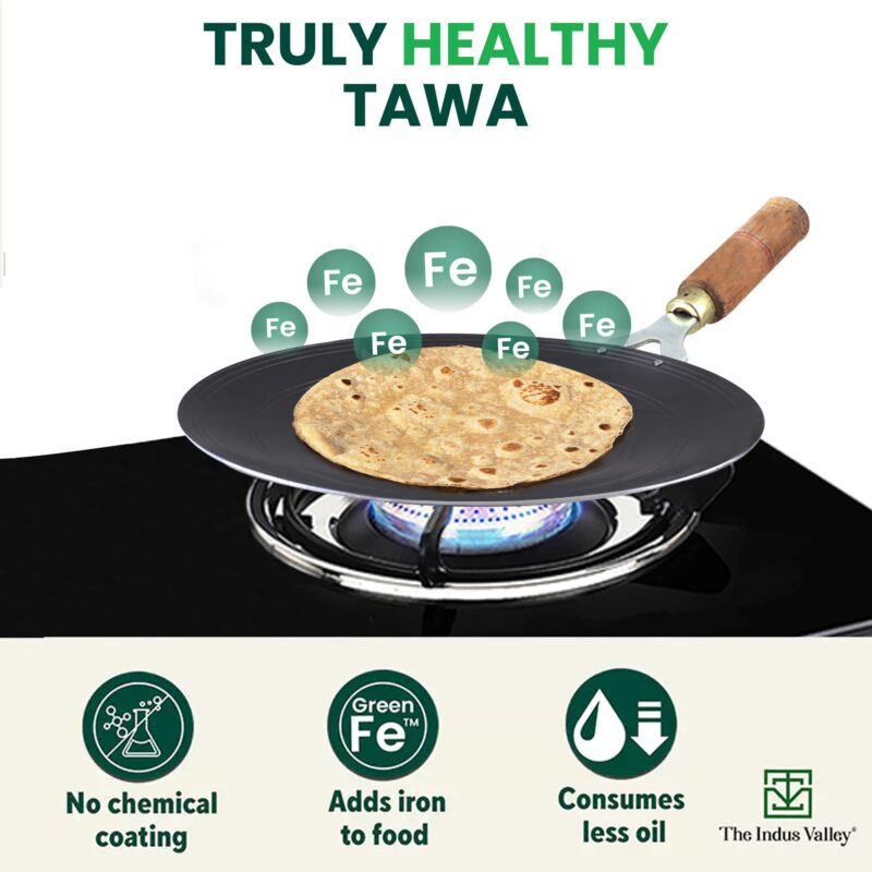 The Indus Valley Pre-Seasoned Iron Tawa for Dosa/Chapathi with Wooden Handle | 27cm/10.6 inch, 0.95kg | Gas Stove Friendly | 100% Pure & Toxin-Free, No Chemical Coating - Image 6