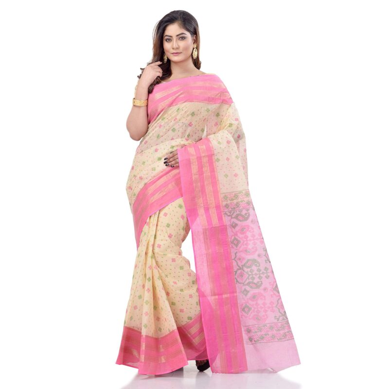 dB DESH BIDESH Women`s Bengal Tant Jamdani Printed Handloom Cotton Saree Without Blouse Piece(Pink) - Image 7