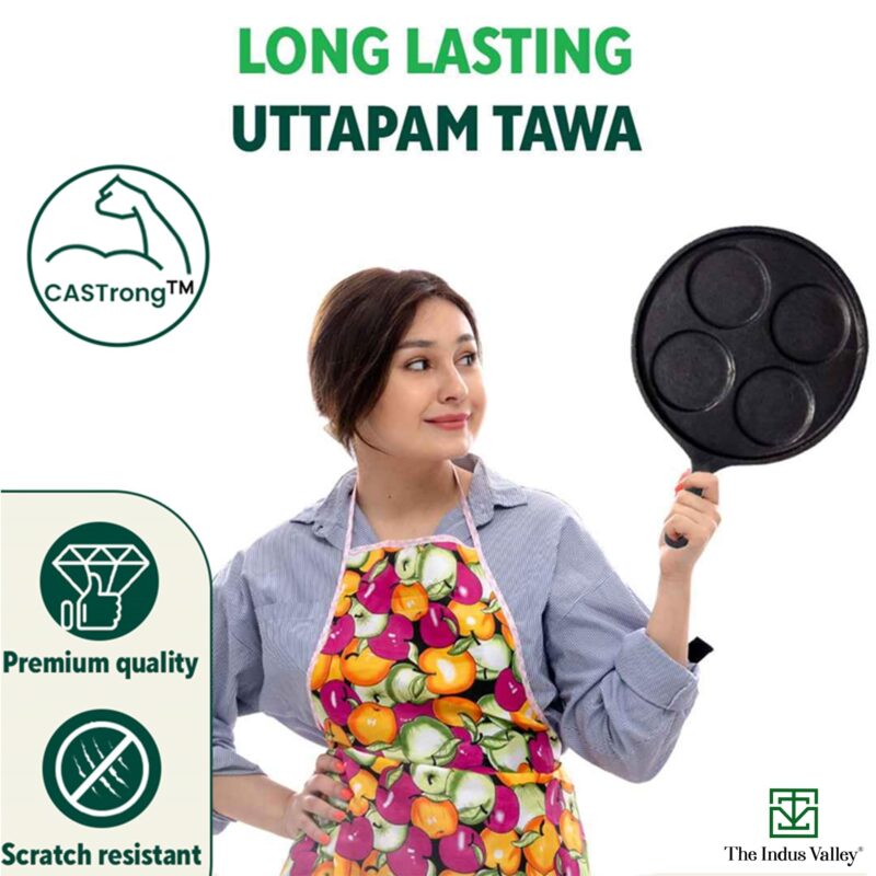 The Indus Valley Pre-Seasoned Cast Iron Uttapam Tawa | 4 Pit, 27.5cm/10.8 inch, 2.5kg | Induction Friendly | Naturally Nonstick, 100% Pure & Toxin-Free, No Chemical Coating - Image 3