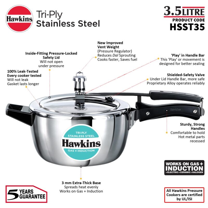 Hawkins 3.5 Litre Triply Stainless Steel Pressure Cooker, Inner Lid Cooker, Silver (HSST35) - Image 5