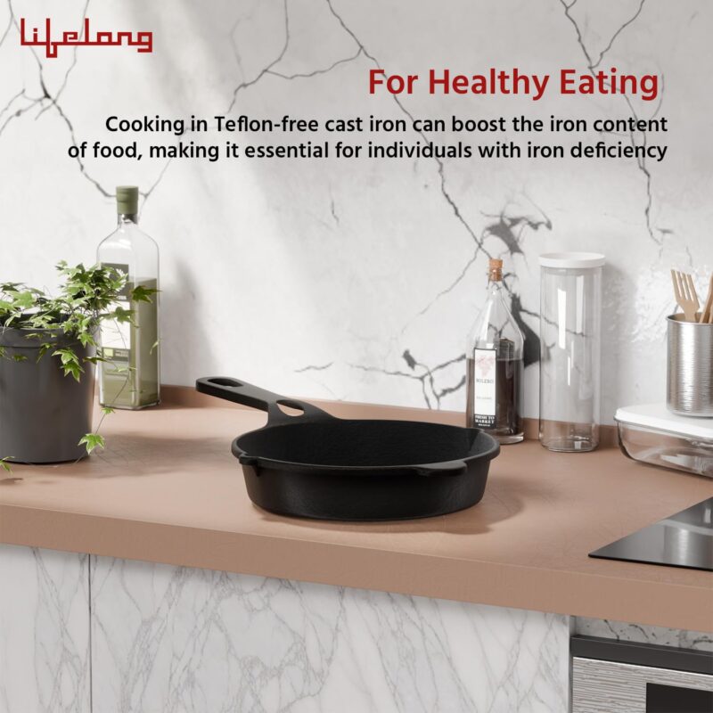 Lifelong Cast Iron Fry Pan 8 Inch (20mm) with Wooden Spatula | 2Ltr, 3kg Pan | Non-Stick Pre-Seasoned 100% Toxin & Teflon Free & Durable | Skillet for Cooking, Searing, Sautéing, & Frying - Image 6