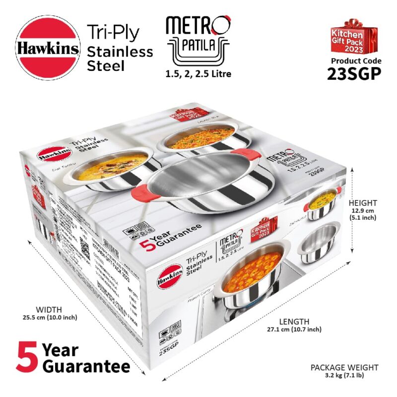 Hawkins Kitchen Gift Pack 2023 (23SGP) 3 Pieces Set of 1.5 Litre, 2 Litre and 2.5 Litre Triply Stainless Steel Patila, Tope, Bhagona, Tapeli, Saucepans Silver - Image 3