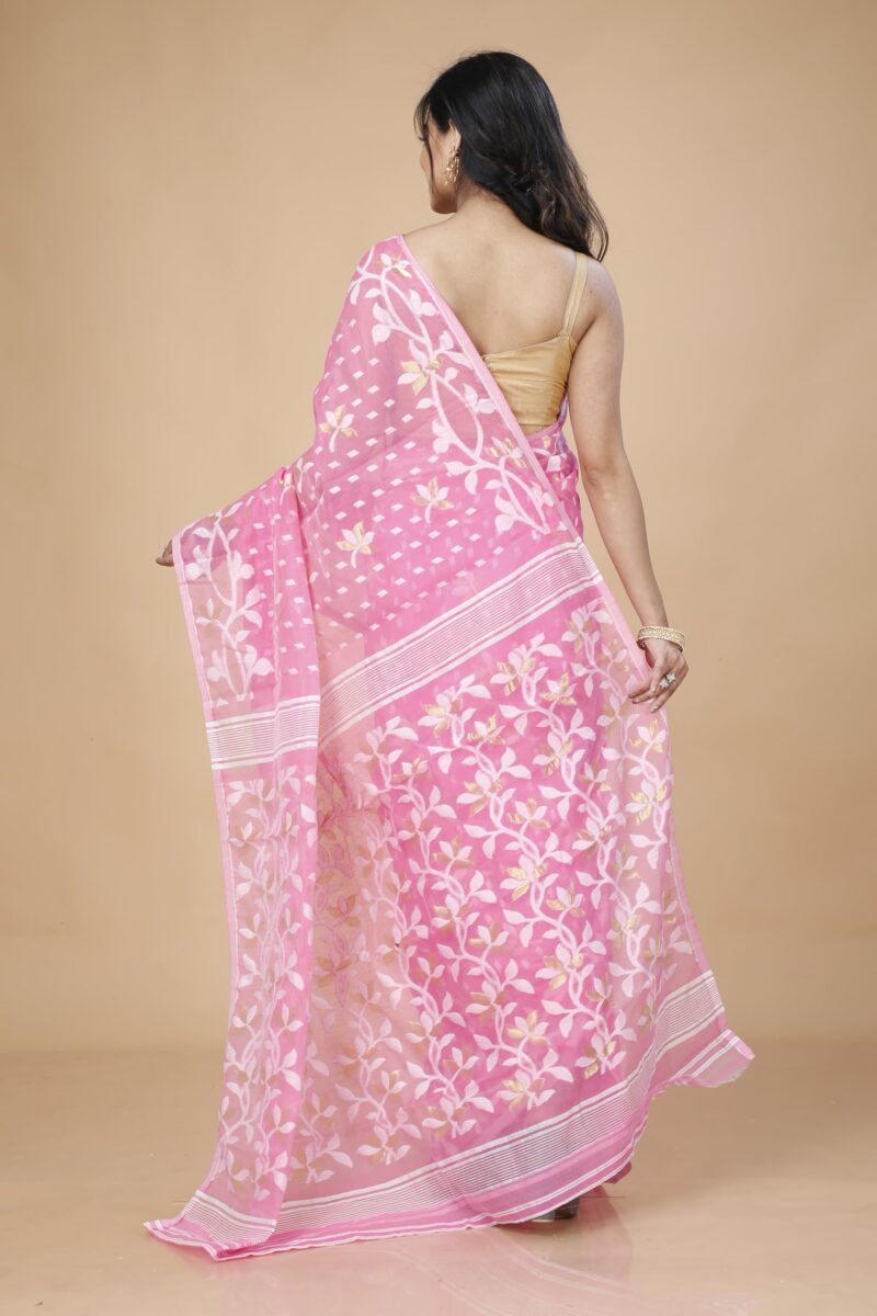 OISHANI SAREE GHOR Women's Traditional Bengal Cotton Silk Belpata Jamdani Saree (Pink) - Image 4