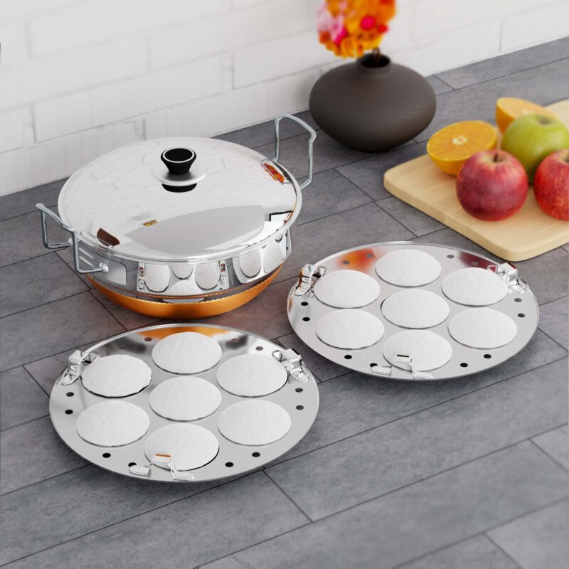QSEC Stainless Steel Multi Kadai Idli cooker steamer with Copper Bottom All-in-One Big Size dhokla cooker | 5 Plate 2 Idli | 2 Dhokla | 1 Patra | Momo steamer | 3 in 1 | Idli maker steamer - 285MM 100% Non toxin material - Image 8