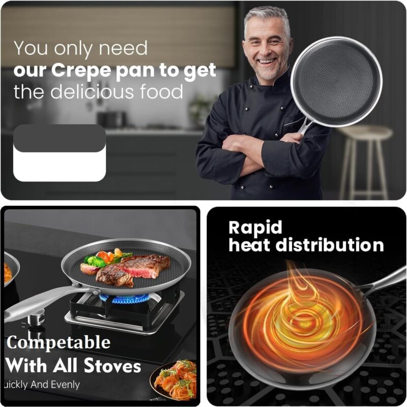 Limpus Nonstick Crepe Pan, 26cm Stainless Steel Crepe Pan, Honeycomb Coating Flat Skillet Tawa Dosa Tortilla Omelet Griddle Pan, Induction Compatible (26 cm) - Image 5