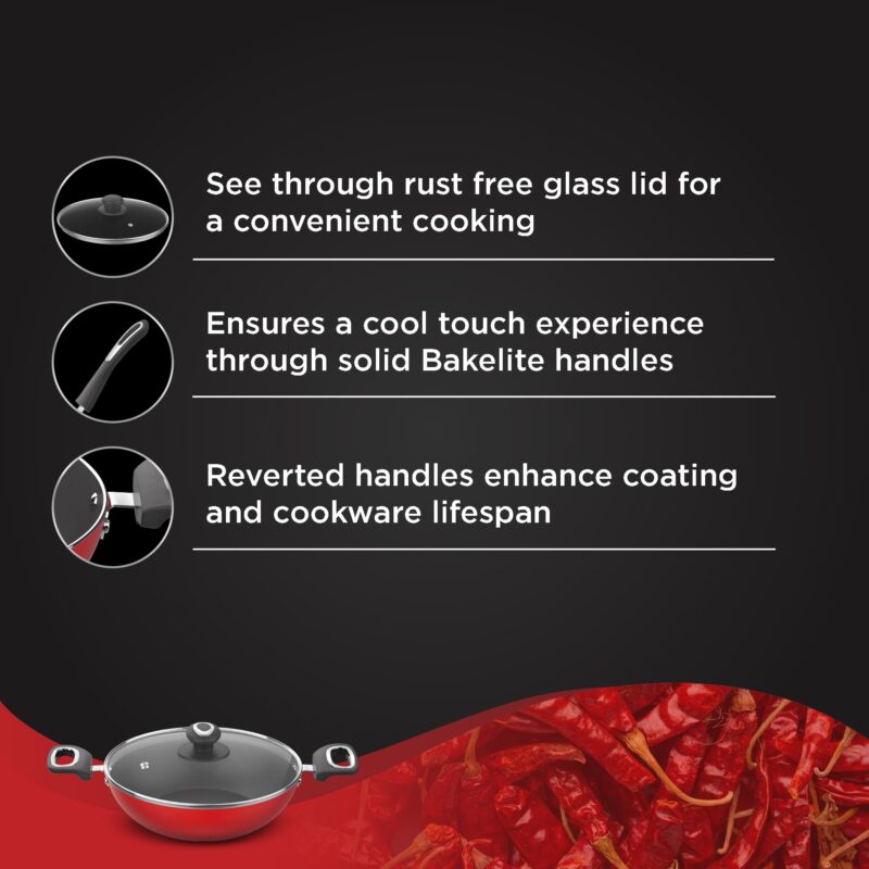 ‎Preethi Dura Collection Non Stick Kadai, 24 cm, with Glass Lid, Gas & Induction Compatible, 5 Star Non Stick Effect, Chilly Red - Image 4