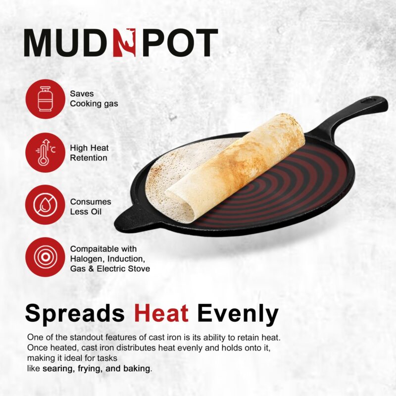 MUD N POT Pre Seasoned Cast Iron Dosa Tawa/Roti Tawa | Long Handle Pan | 10.5 inches Diameter | Naturally Seasoned with Vegetable Oil | Non Toxic| Vintage - Image 2