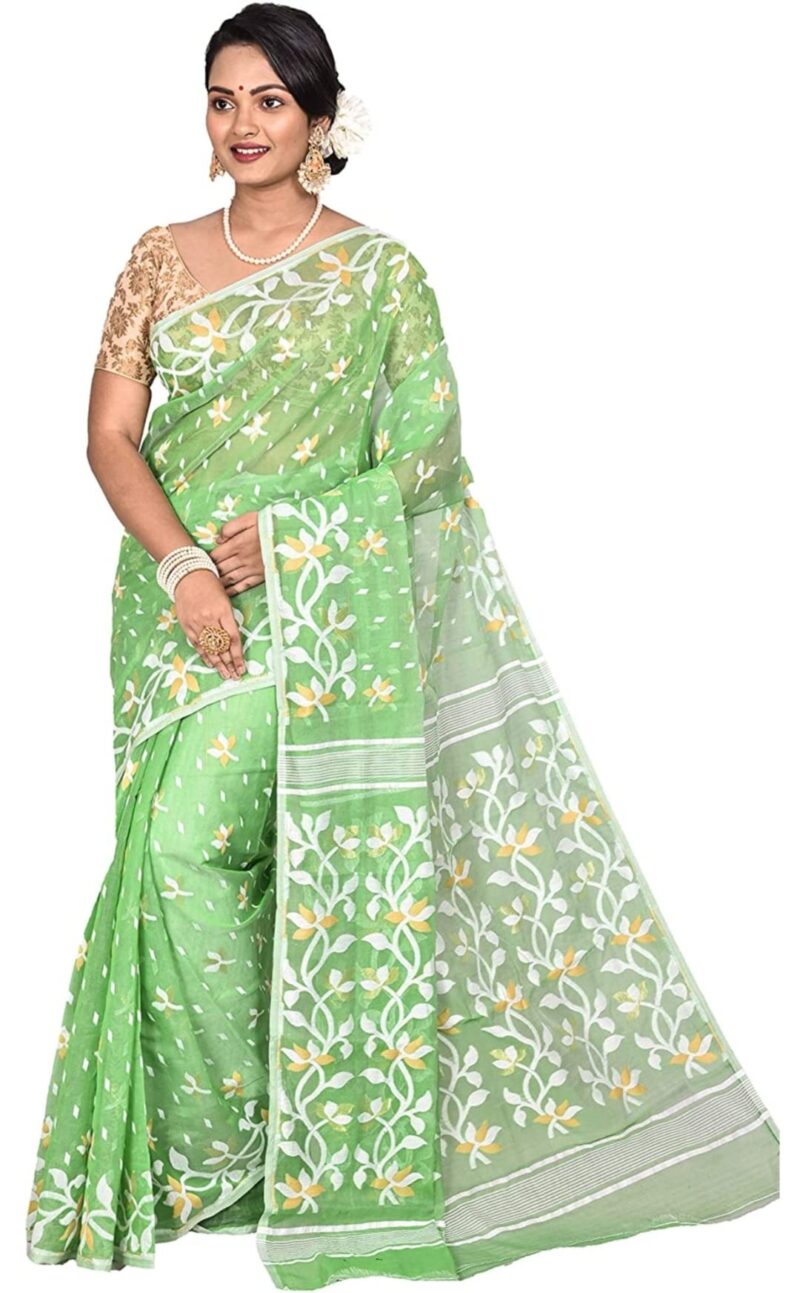 OISHANI SAREE GHOR Women's Traditional Bengal Silk Dhakai Jamdani Green Saree, (OSG_Green_109) - Image 5