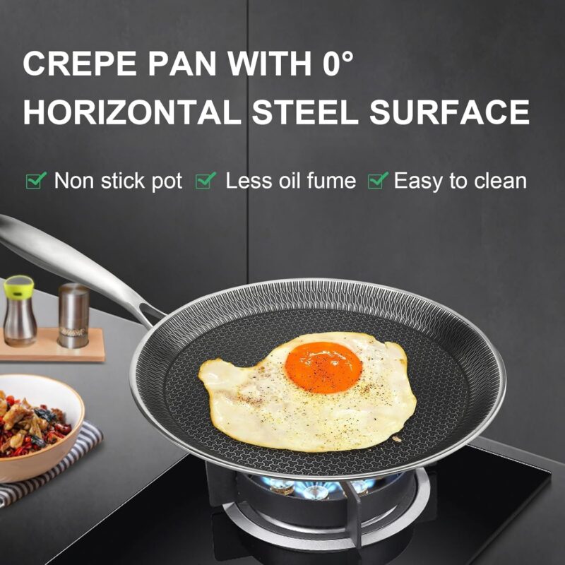 Limpus Nonstick Crepe Pan, 26cm Stainless Steel Crepe Pan, Honeycomb Coating Flat Skillet Tawa Dosa Tortilla Omelet Griddle Pan, Induction Compatible (26 cm) - Image 2