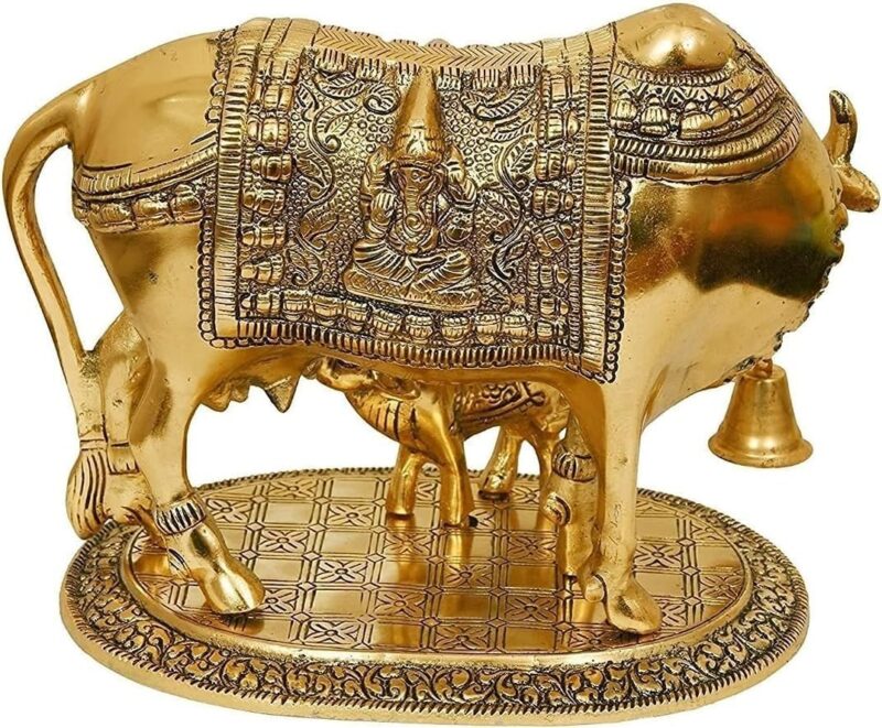 ND Fashion Brass Golden Kamdhenu Cow with Calf | | Vastu Gau MATA Idol | | Spiritual Vastu Nandi Pooja Figurine Sculpture | Kamdhenu Cow & Calf Idol for Home and Office (Cow with Calf) - Image 2