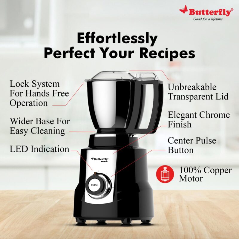 Butterfly Magnum 1.2HP Mixer Grinder with 4 Jars | 100% Copper Motor | 3 Stainless Steel Multipurpose Jars and 1 Juicer Jar | ABS Body | Handsfree Operation | Lifetime Motor Warranty| Black - Image 4