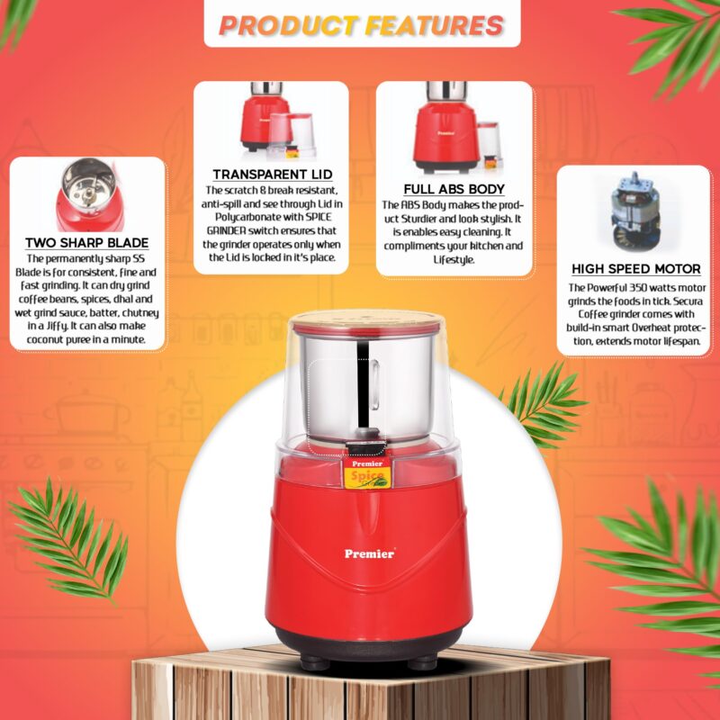 Premier Spice Grinder KM-521 | 350W Wet & Dry Multifunction Food Grinder |Stainless Steel Herbs, Spices, Nuts, and Grain Grinder for Home & Office with Detachable Jar - Image 5