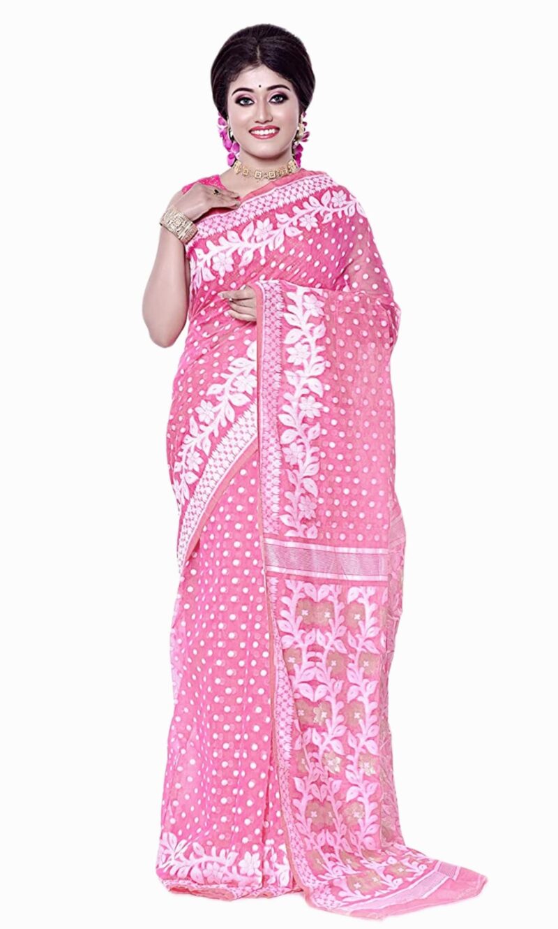 OISHANI SAREE GHOR Women's Traditional Cotton Silk Dhakai Jamdani Pink Saree, (OSG_Pink_115)