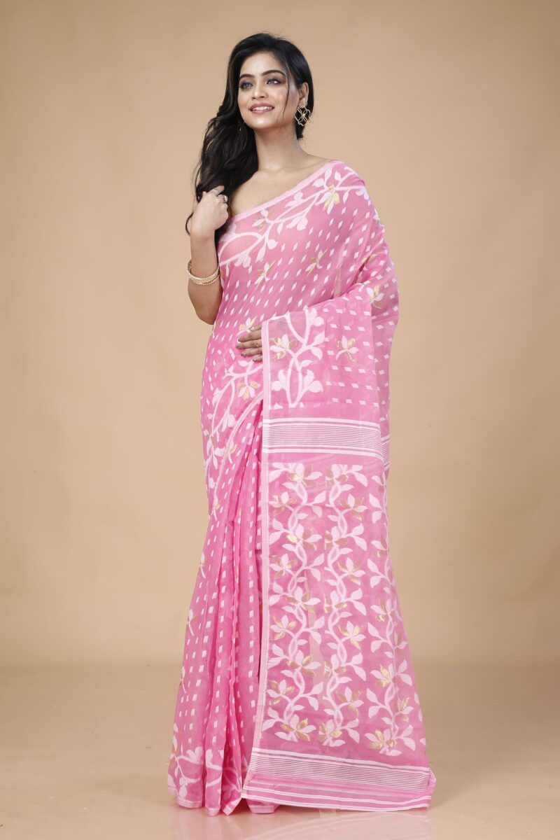 OISHANI SAREE GHOR Women's Traditional Bengal Cotton Silk Belpata Jamdani Saree (Pink) - Image 3