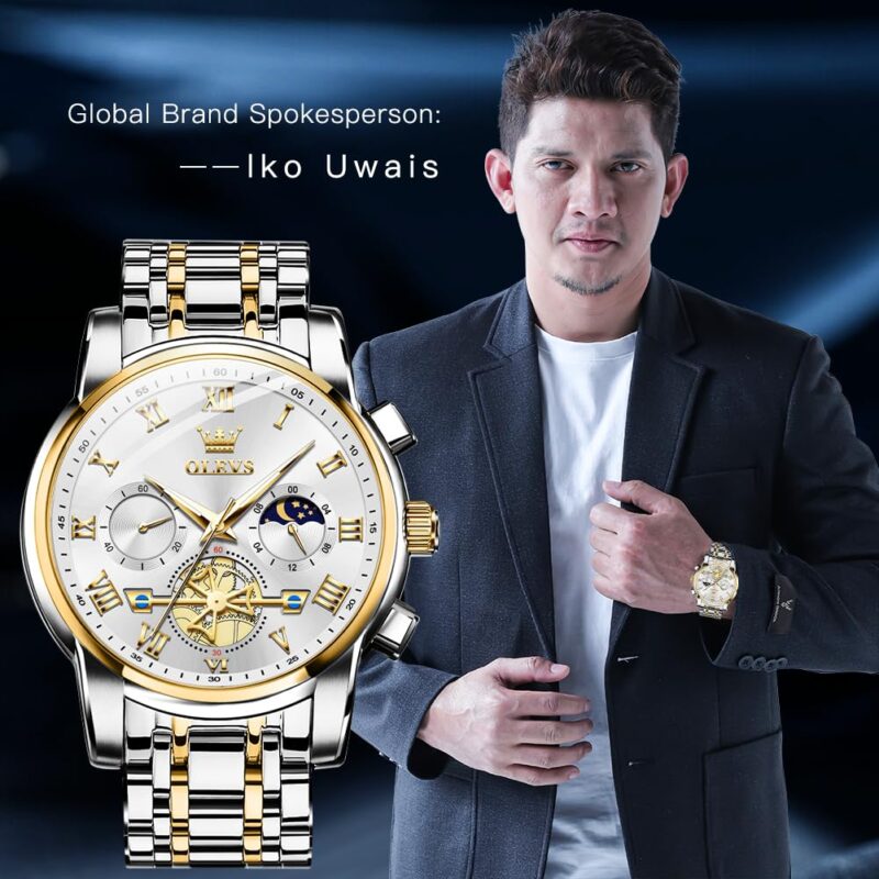 OLEVS Watches for Men Chronograph Business White Wrist Watches Analog Quartz Moon Phase Stainless Steel Waterproof Luminous Dress Watches - Image 5