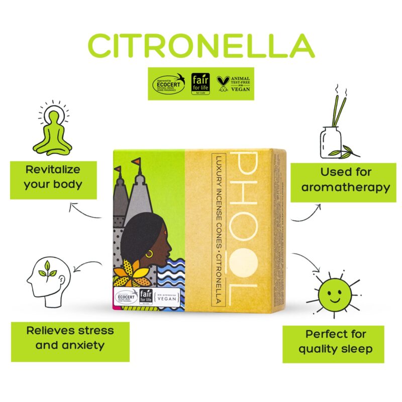 PHOOL LUXURY INCENSE Mosquito Repellent|Pack Of 2(80 Organic Dhoop Cones|2 Fragrances- Citronella&Eucalyptus)+1 Free Ceramic Holder|Handrolled|Sulphur&Charcoal Free|100% Organic(500 Gms) - Image 4