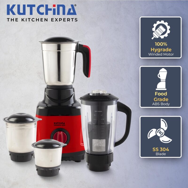 Kutchina Grindo Excel Mixer Grinder 500 Watt with 4 Jars (Juicer Jar, Liquidizing, Wet Grinding, Chutney Jar) | Stainless Steel Blades | Mixer Grinder 500+ Watt | 2Yrs on Product, 5Yrs on Motor - Image 7