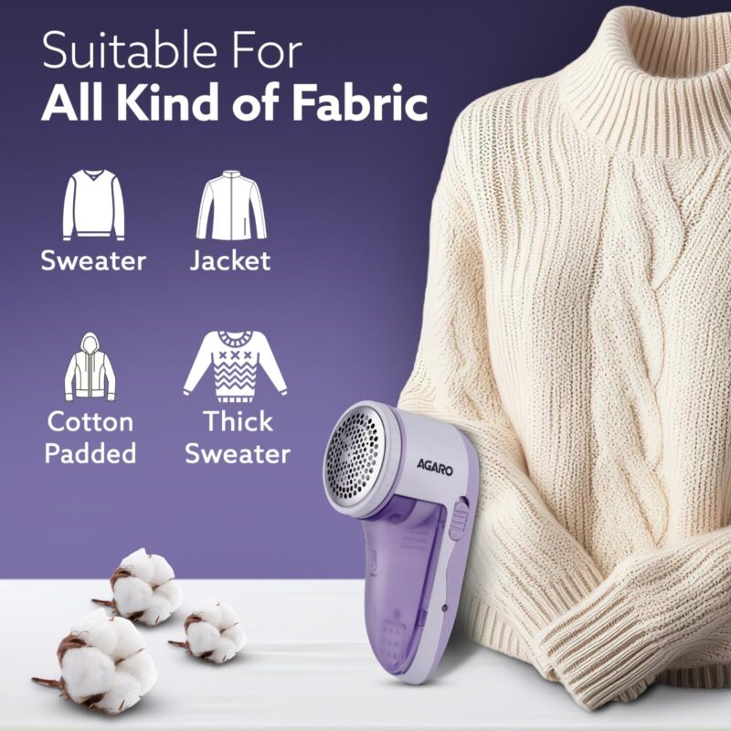 AGARO 2419 Lint Remover, Electric Fabric Shaver, Rechargeable, Stainless Steel Blades, Portable, Multi-Functional Fuzz Remover from Woollen Sweaters, Coat, Blankets, Jackets, Carpets, Burr Remover - Image 3