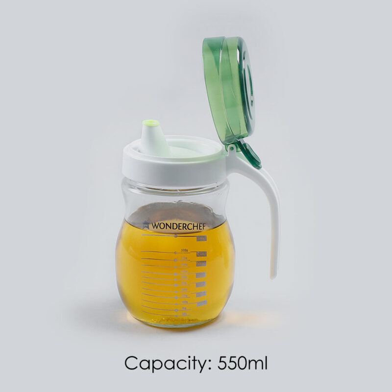 Oil Pourer Glass Bottle for Kitchen, Transparent Oil Pourer and Holder with Green Lid, Accurate Pouring without Wastage, 550ml - Image 6