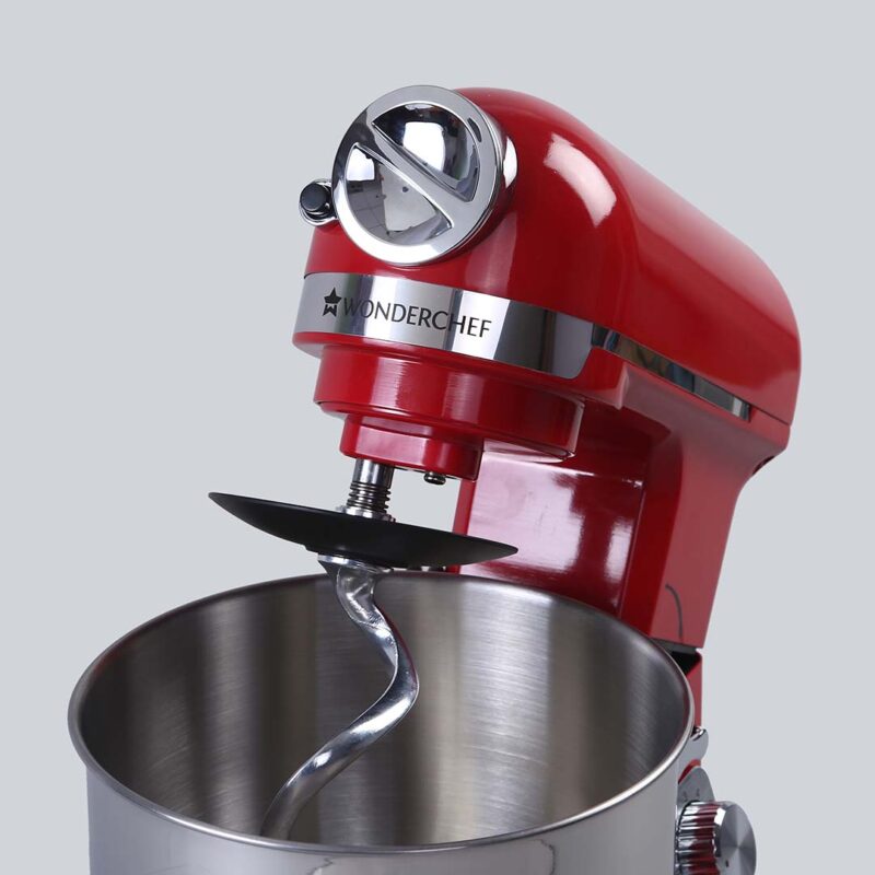 Crimson Edge Die-Cast Metal Stand Kitchen Mixer & Beater with free attachments | 5.7L SS Bowl | 1000W motor | 6 Speed Setting | Whisking Cone, Mixing Beater & Dough Hook attachments | 3 Yrs warranty | Red - Image 10