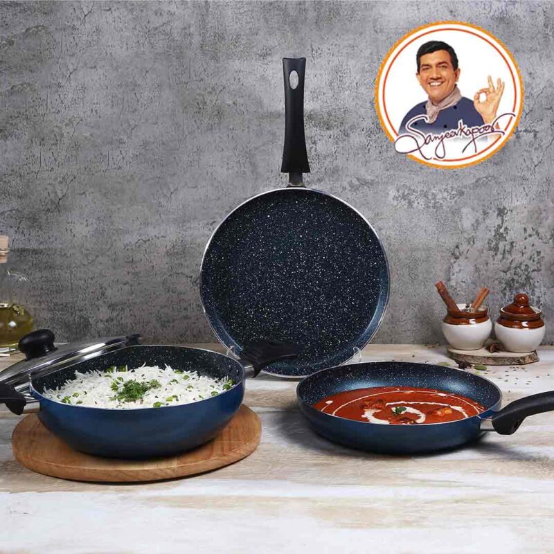 Sigma Non-stick Cookware Set, 4Pc (Kadhai with Lid, Dosa Tawa, Fry Pan), Induction Bottom, Cool Touch Bakelite Handles, Virgin Aluminium, PFOA Free, 2 Years Warranty, Midnight Blue - Image 5