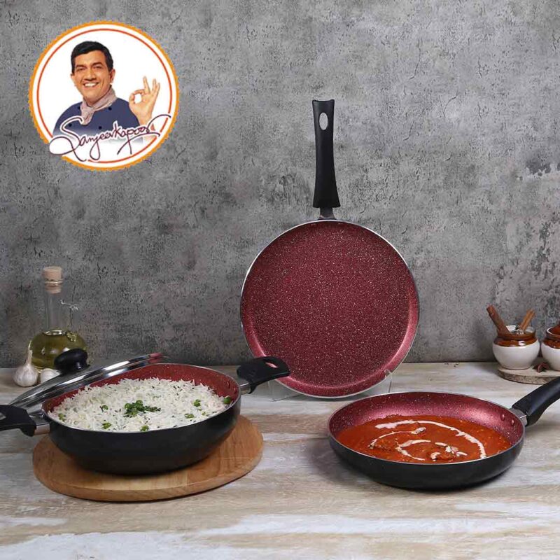 Sigma Non-stick Cookware Set, 4Pc (Kadhai with Lid, Dosa Tawa, Fry Pan), Induction Bottom, Cool Touch Bakelite Handles, Virgin Aluminium, PFOA Free, 2 Years Warranty, Red and Black - Image 5