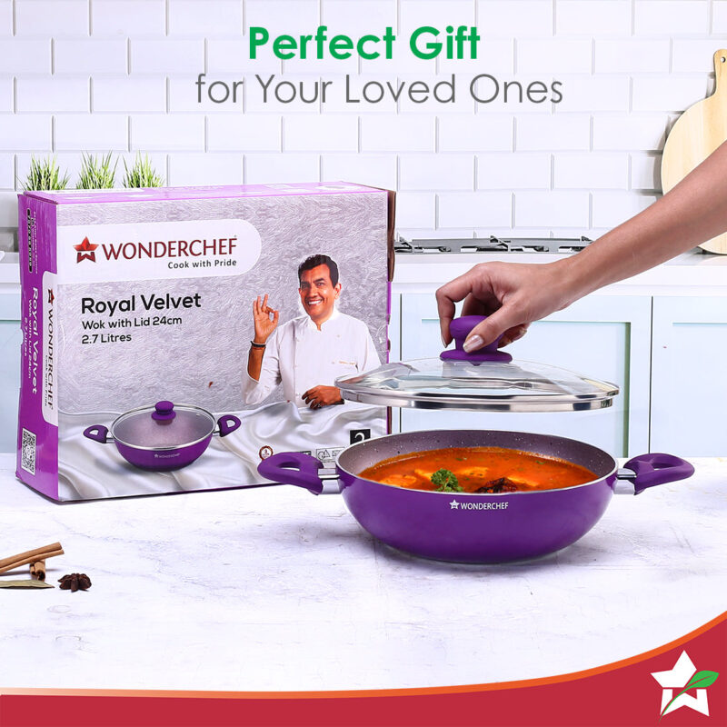 Royal Velvet Non-stick 24cm Kadhai with Lid and Handles | Glass Lid | Induction Ready | Soft-touch handles |Non – Toxic I Virgin Aluminium| 3 mm thick | 2 year warranty | Purple - Image 7