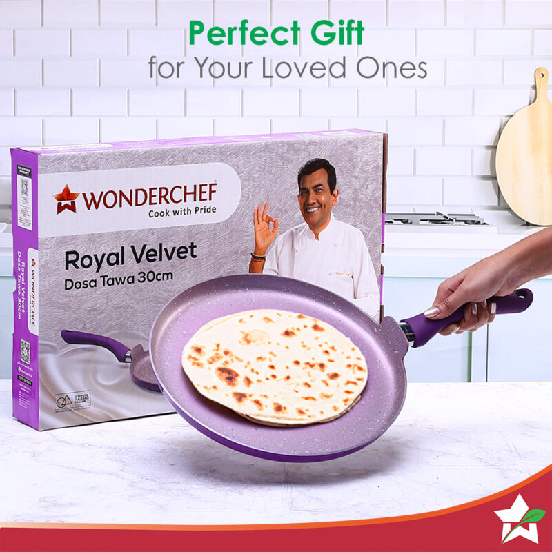 Royal Velvet Non-stick 30cm Dosa Tawa I Induction Ready | Soft-touch handles |Non – Toxic I Virgin Aluminium| 3 mm thick | 1.8 litres | 2 year warranty | Purple - Image 6