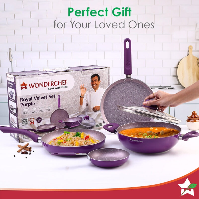 Royal Velvet Non-stick 5-piece Cookware Set (Fry Pan with Lid, Wok, Dosa Tawa, Mini Fry Pan) | Induction Ready (Dosa Tawa only)| Soft-touch handles |Non – Toxic I Virgin Aluminium | 3 mm thick | 2 years warranty | Purple - Image 6