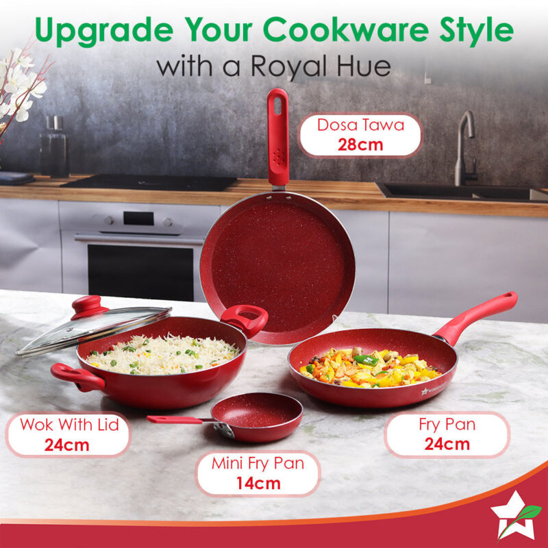 Royal Velvet Non-stick Cookware Set, 5Pc (Fry Pan with Lid, Wok, Dosa Tawa, Mini Fry Pan) Induction bottom, Soft-touch handles, Virgin Grade Aluminium, PFOA/Heavy Metals Free, 3 mm, 2 Years Warranty, Red - Image 6