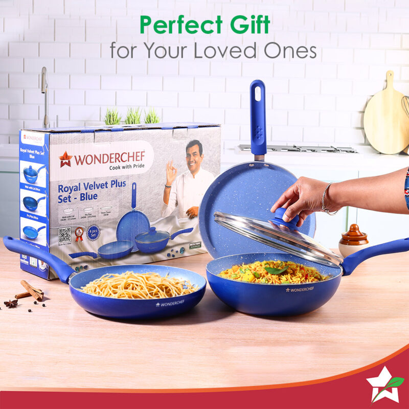 Royal Velvet Non-stick Cookware Set, 4Pc (Fry Pan with Lid, Wok, Dosa Tawa) Induction Bottom, Soft-touch Handles, Virgin Grade Aluminium, PFOA/Heavy Metals Free, 3mm, 2 Years Warranty, Blue - Image 6
