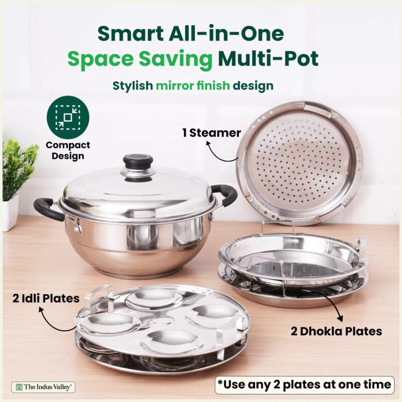 4 Pit Tri-Steel Premium Stainless Steel Idli/ Dhokla/ Momo Maker/ Multi Pot/ Veg Steaming Set, Tri-ply Induction Bottom, 5 Plates, 3L - Image 3