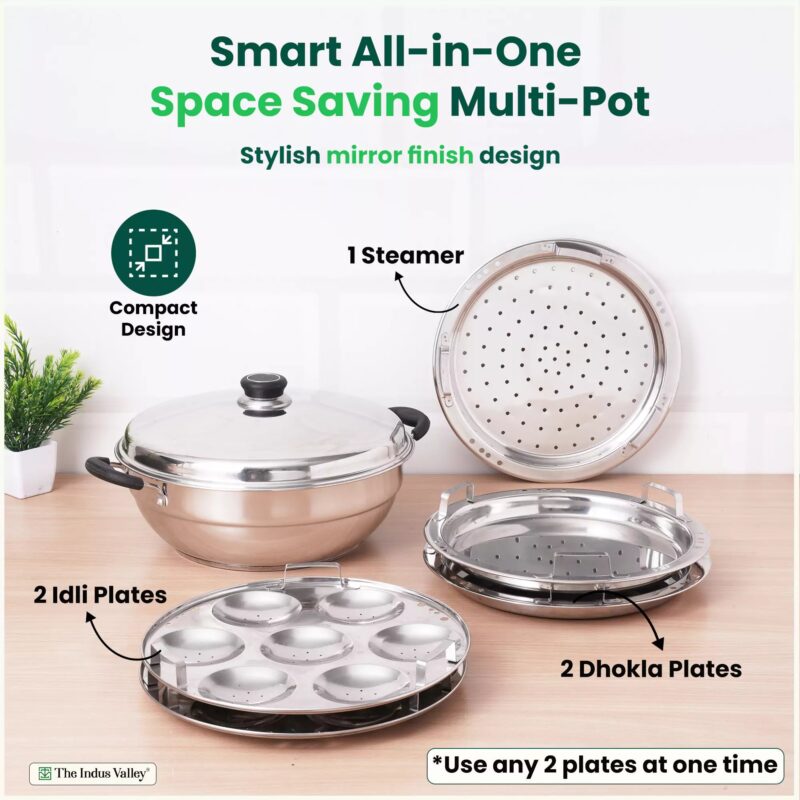 7 Pit Tri-Steel Premium Stainless Steel Idli/ Dhokla/ Momo Maker/ Multi Pot/ Veg Steaming Set, Tri-ply Induction Bottom, 5 Plates, 4.2L, 2.5kg - Image 10