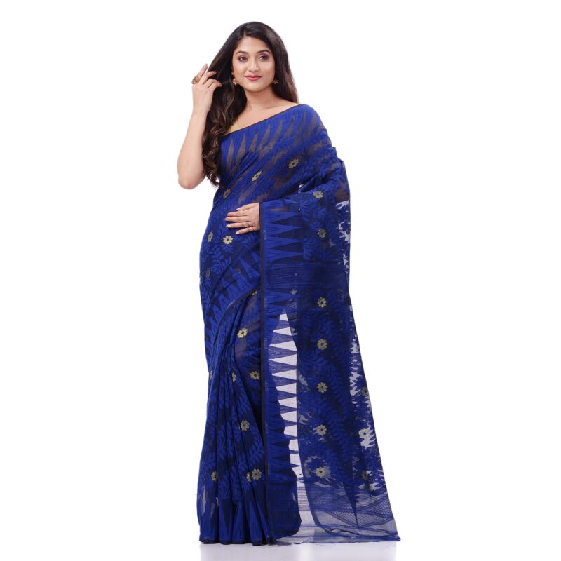 dB DESH BIDESH Women`s Tamarind Leaf Resham Dhakai Jamdani Pure Cotton Handloom Saree without Blouse Piece (Deep Blue) - Image 5